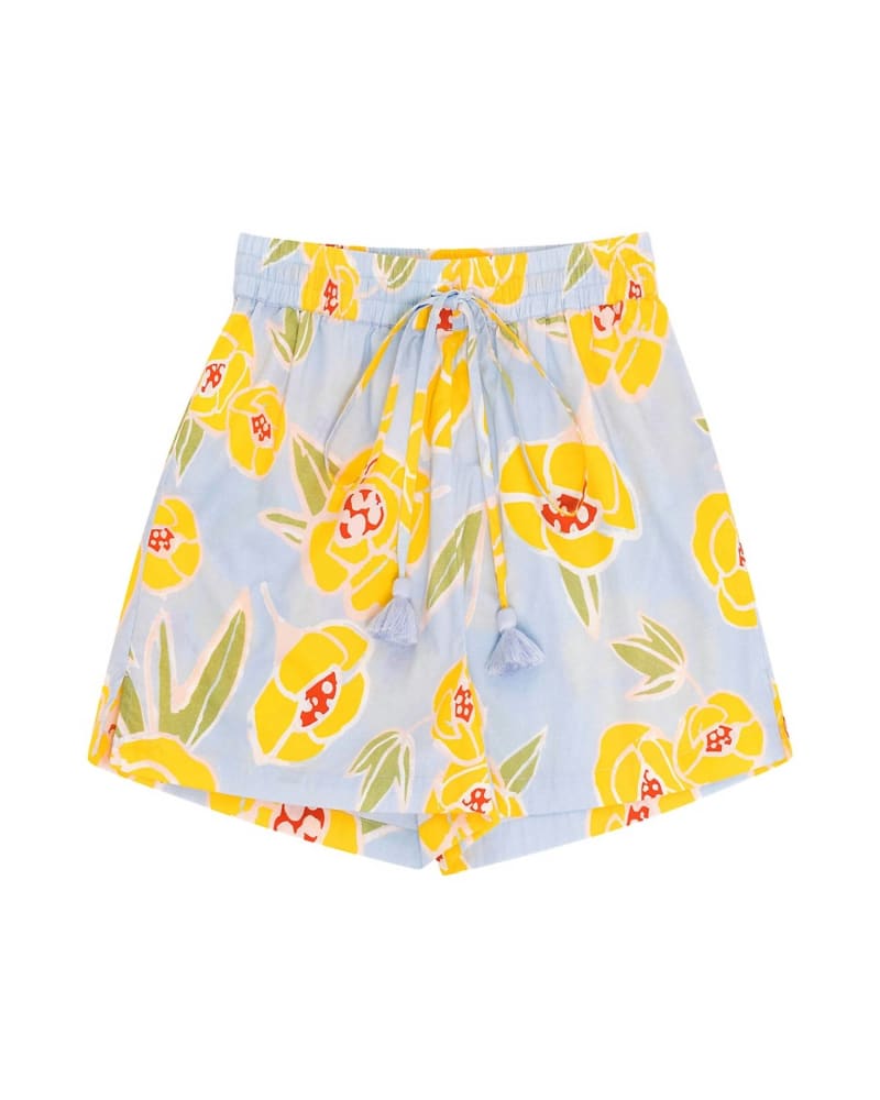 Front of a model wearing a size LARGE Cabana Shorts In Blue Peonies in Blue Peonies by CAROLINA K. | dia_product_style_image_id:351141